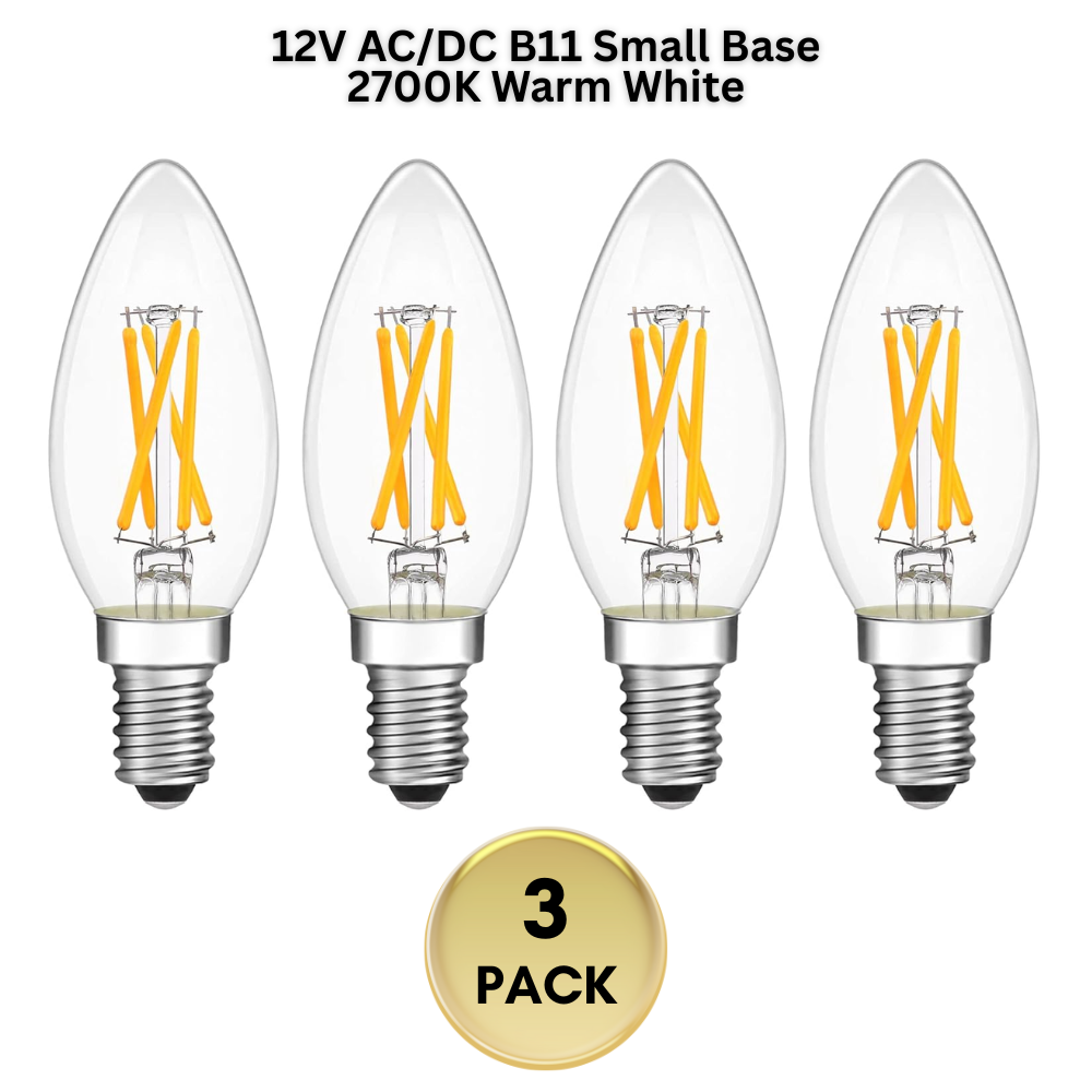 Outdoor Landscape Lighting LED 12V Low Voltage E12 4W Filament 12V AC/DC Candelabra and Small Base Package Low Voltage LED Light Bulbs Dimmable Energy Saving Light Bulb 4-Pack B11 Small Base 2700K Warm White