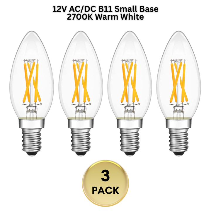 Outdoor Landscape Lighting LED 12V Low Voltage E12 4W Filament 12V AC/DC Candelabra and Small Base Package Low Voltage LED Light Bulbs Dimmable Energy Saving Light Bulb 4-Pack B11 Small Base 2700K Warm White