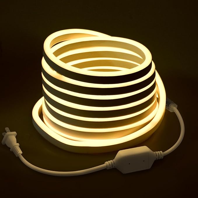 Outdoor Landscape Lighting LED 12V Low Voltage SLNR10 Dotless COB Neon LED Strip Light 110-130V IP67 Outdoor Rated Dimmable High Voltage Silicone Strip Light with Mounting Clips, Screws, Power Adapter with Dimmer and Remote Control Warm White