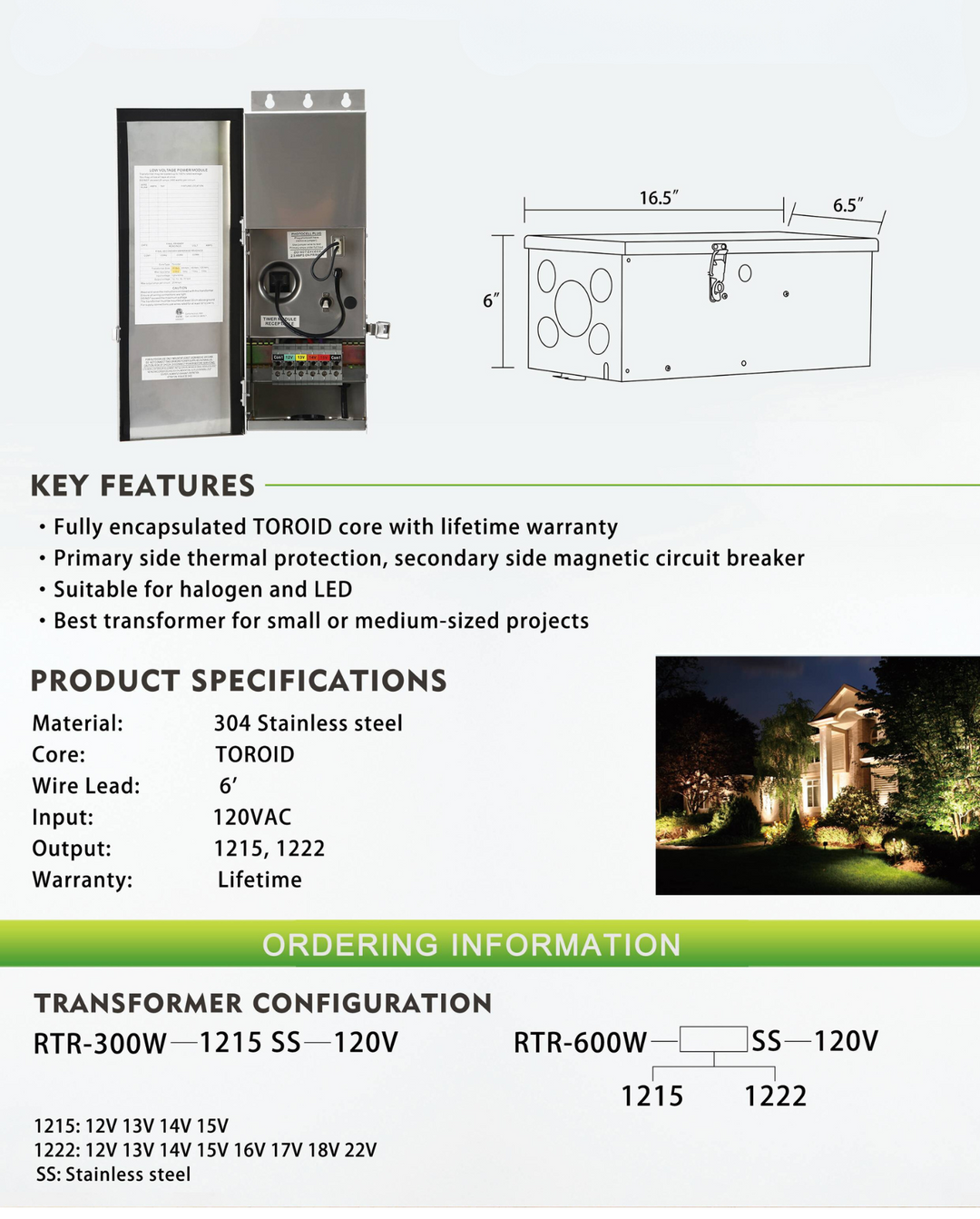 Outdoor Landscape Lighting LED 12V Low Voltage RTR600 600W Multi Tap Low Voltage Transformer with Photocell and Manual Dial Timer IP65 Waterproof [FINAL SALE]