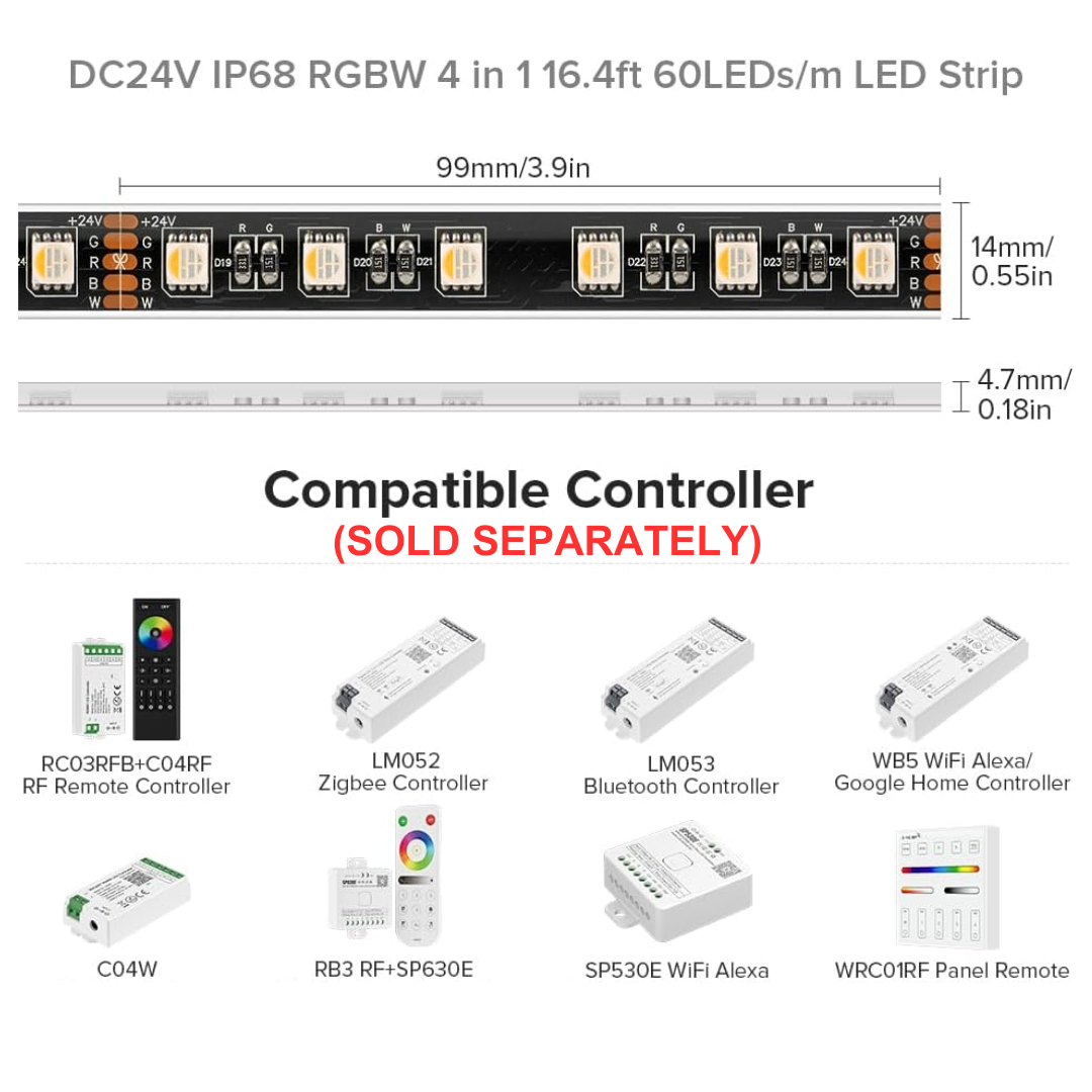 Outdoor Landscape Lighting LED 12V Low Voltage SL06 7.3W/ft 14mm Strip Light RGB + Warm White 3000K-3500K or Cool White 6000K-7000K 5050 DC24V Low Voltage LED Outdoor IP68 Submersible UL SMD Tape Light with Black or White PCB