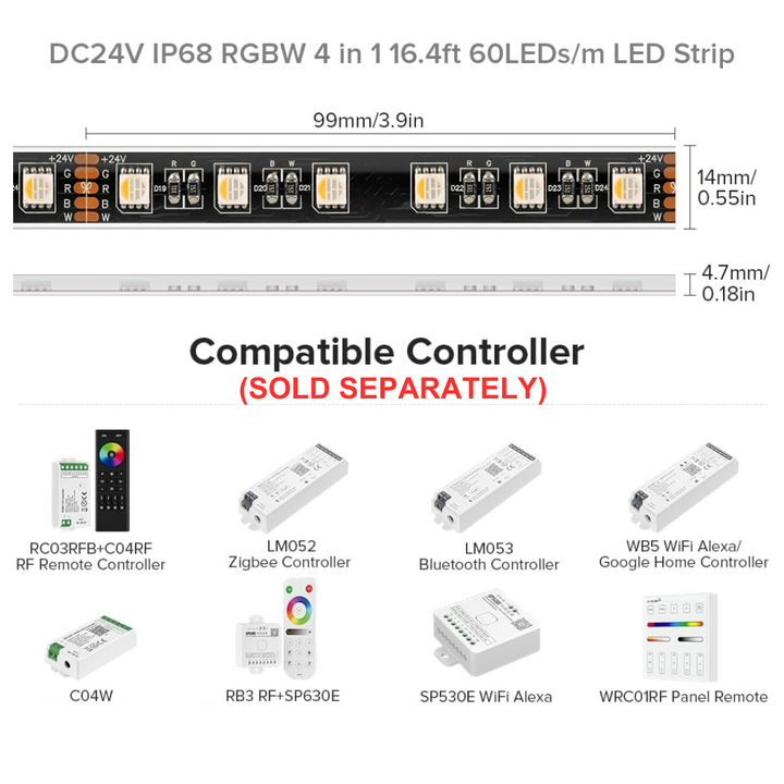 Outdoor Landscape Lighting LED 12V Low Voltage SL06 7.3W/ft 14mm Strip Light RGB + Warm White 3000K-3500K or Cool White 6000K-7000K 5050 DC24V Low Voltage LED Outdoor IP68 Submersible UL SMD Tape Light with Black or White PCB