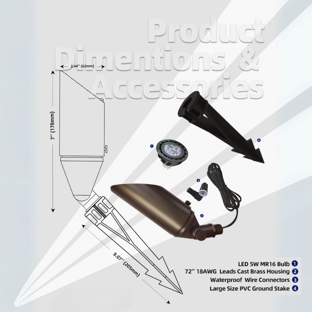 Outdoor Landscape Lighting LED 12V Low Voltage SPBA14 MR16 Brass Spotlight Package with Adjustable Shroud 12V AC/DC Low Voltage Outdoor Lighting with 5W 2700K Warm White Bulb