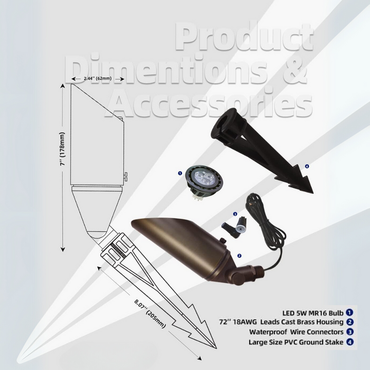 Outdoor Landscape Lighting LED 12V Low Voltage SPBA14 MR16 Brass Spotlight Package with Adjustable Shroud 12V AC/DC Low Voltage Outdoor Lighting with 5W 2700K Warm White Bulb