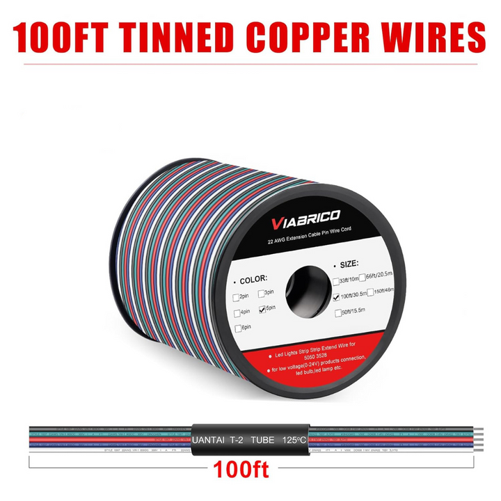 Outdoor Landscape Lighting LED 12V Low Voltage 100 ft RGBW LED Extension Cable - 22 AWG 5-Pin 12V/24V Wire for 3528/5050 Strip Lights