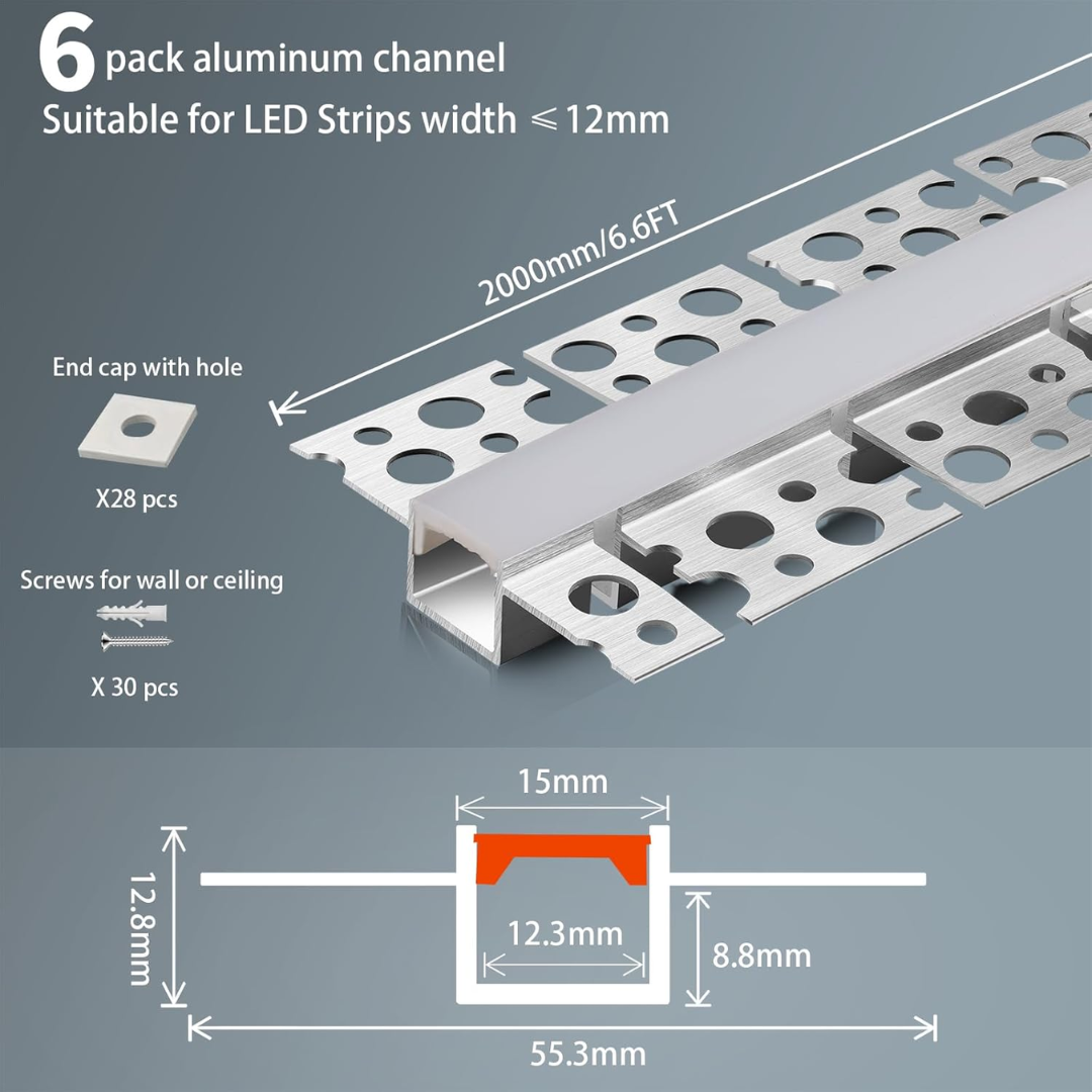 Outdoor Landscape Lighting LED 12V Low Voltage AC05 U-Shaped Drywall Trimless Recessed Flexible Track Aluminum Channel 6.6FT/2M a For Max 12mm LED Strip Lights Pack of 6 and 10