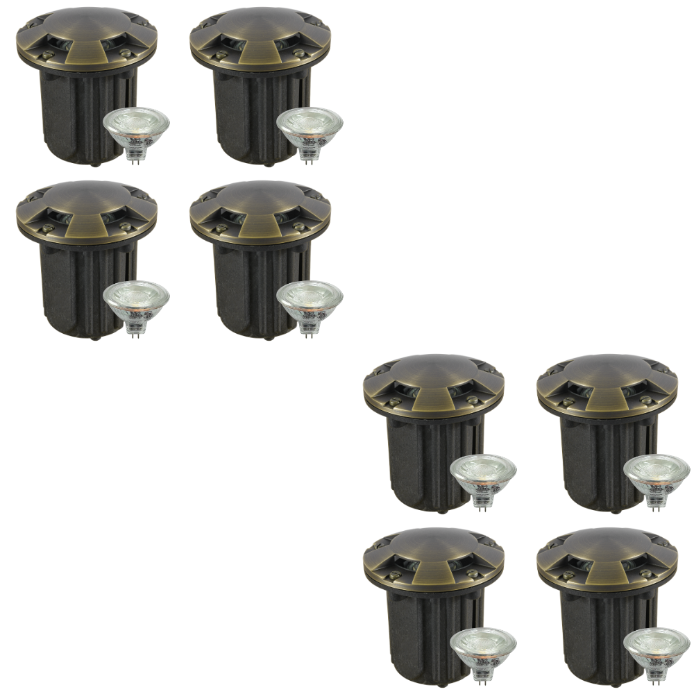 Outdoor Landscape Lighting LED 12V Low Voltage UNB07 4x/8x/12x Package Cast Brass 12V Low Voltage Round Multi-Directional LED In-ground Well Light IP65 Waterproof with MR16 5W 3000K Bulb 8 Pack Natural Brass