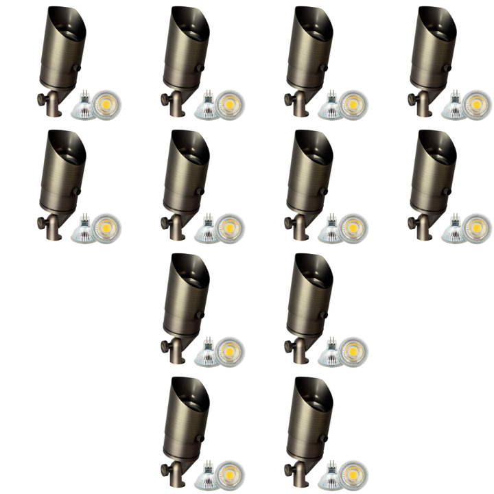 Outdoor Landscape Lighting LED 12V Low Voltage SPB05 4x/8x/12x Package LED Landscape Low Voltage Spotlight Adjustable Outdoor Lighting with MR16 5W 3000K Bulb Natural Brass 12 Pack