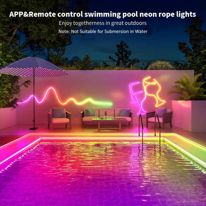 Outdoor Landscape Lighting LED 12V Low Voltage SLNR14 Dotless COB RGB-IC Neon LED Strip Light DC24V IP67 Outdoor Rated Dimmable Low Voltage 10x18mm Silicone Strip Light 32.8ft/65.5ft with Mounting Clips, Screws, Power Adapter with Dimmer and Remote Control