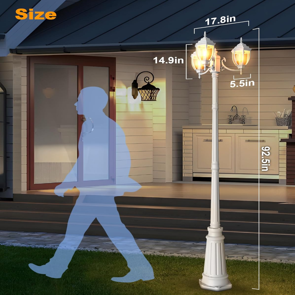 Outdoor Landscape Lighting LED 12V Low Voltage PLH02 Classic Black or White Aluminum 3-Head Post Light 92.5" Pole with Glass Panels 3 E26 Base Medium Base Socket 120V with for Garden, Exterior Lighting