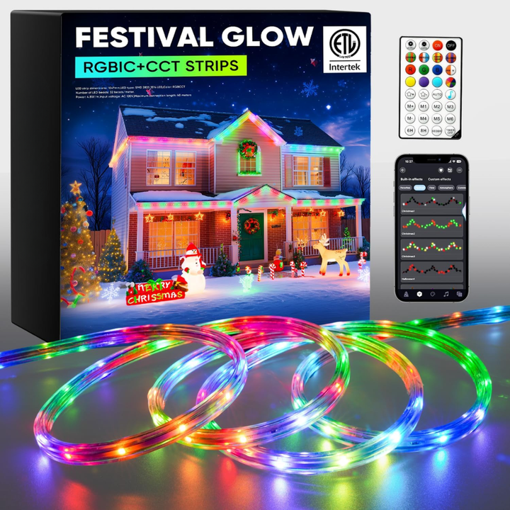 Outdoor Landscape Lighting LED 12V Low Voltage SLNR16 Dotted Neon RGBIC+CCT LED Strip Light 110V IP65 Outdoor Rated Dimmable High Voltage Flat Flexible Strip Light , Mounting Brackets, End Cap, Screws, Remote Control and Power Supply