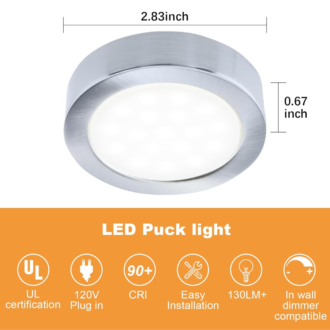 Outdoor Landscape Lighting LED 12V Low Voltage CBA03 3x/5x Pack 2.7W 2.68" 3000K Dimmable Recessed and Surface Mounted Line Voltage 120V Line Voltage Hardwired LED Puck Cabinet Light Cast Aluminum Downlighting 110LM/130LM Package