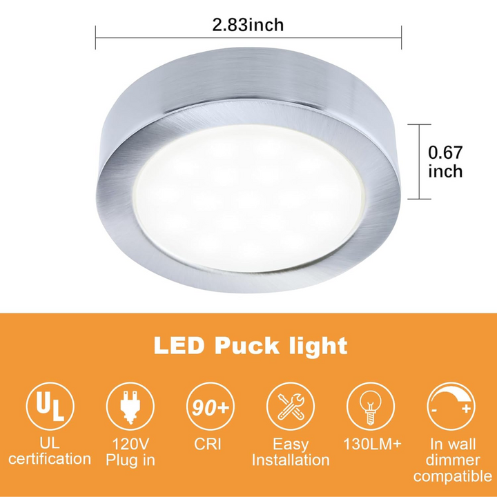 Outdoor Landscape Lighting LED 12V Low Voltage CBA03 3x/5x Pack 2.7W 2.68" 3000K Dimmable Recessed and Surface Mounted Line Voltage 120V Line Voltage Hardwired LED Puck Cabinet Light Cast Aluminum Downlighting 110LM/130LM Package