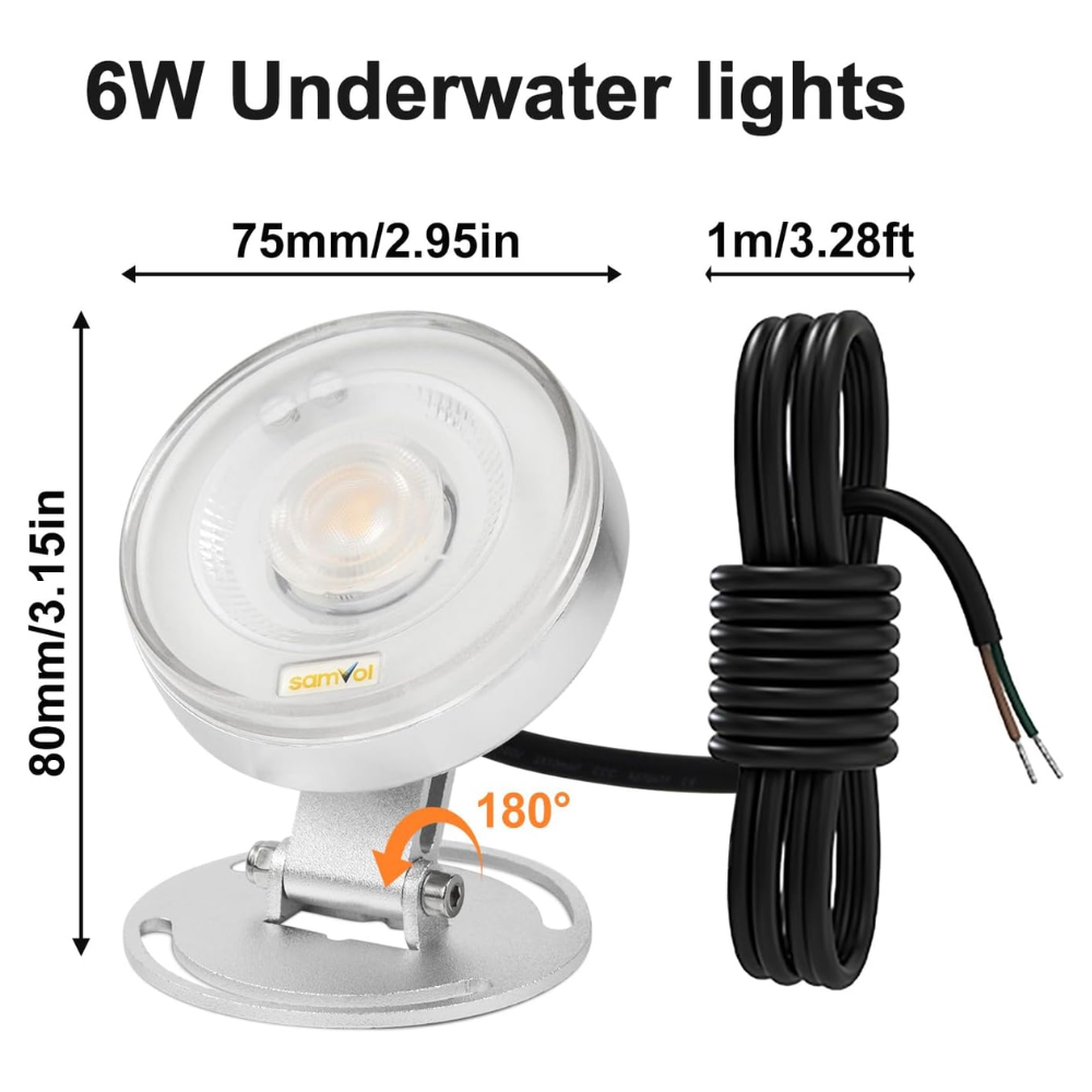 Outdoor Landscape Lighting LED 12V Low Voltage ULBA04 Aluminum Underwater Landscape 12-24V AC/DC 6W/12W/24W 3000K Warm White Integrated LED Adjustable Fountain Light Pond Lighting IP68 6W 12-24V AC DC