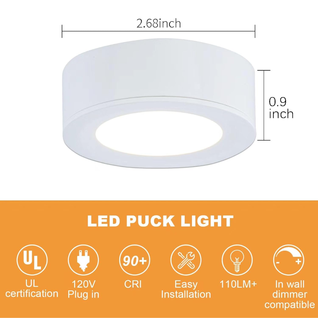 Outdoor Landscape Lighting LED 12V Low Voltage CBA03 3x/5x Pack 2.7W 2.68" 3000K Dimmable Recessed and Surface Mounted Line Voltage 120V Line Voltage Hardwired LED Puck Cabinet Light Cast Aluminum Downlighting 110LM/130LM Package