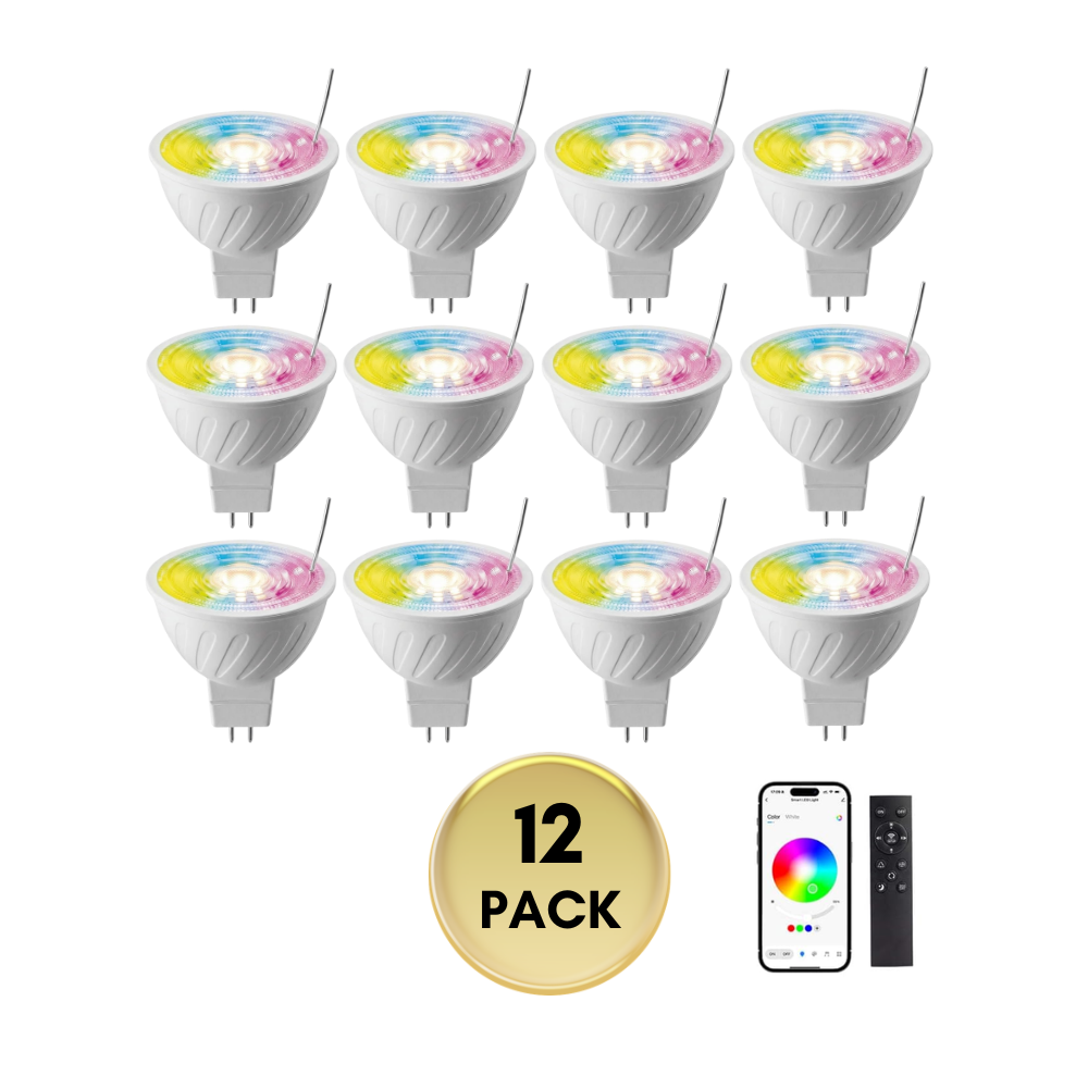 Outdoor Landscape Lighting LED 12V Low Voltage MR16 RGBCW 2700K-5000K Smart Bluetooth 5W 12V Low Voltage LED Bulbs 45° Dimmable Energy Saving Waterproof Light with Antenna and Remote Control 12 Pack