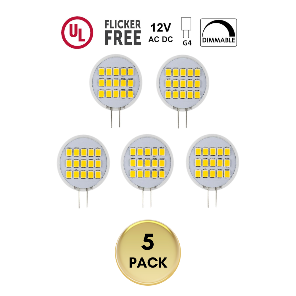 Outdoor Landscape Lighting LED 12V Low Voltage G4 5 Pack 1.8W 220LM Dimmable SMD Side Pin Flat LED Light Bulb 12V 180° Bulb Energy Efficient
