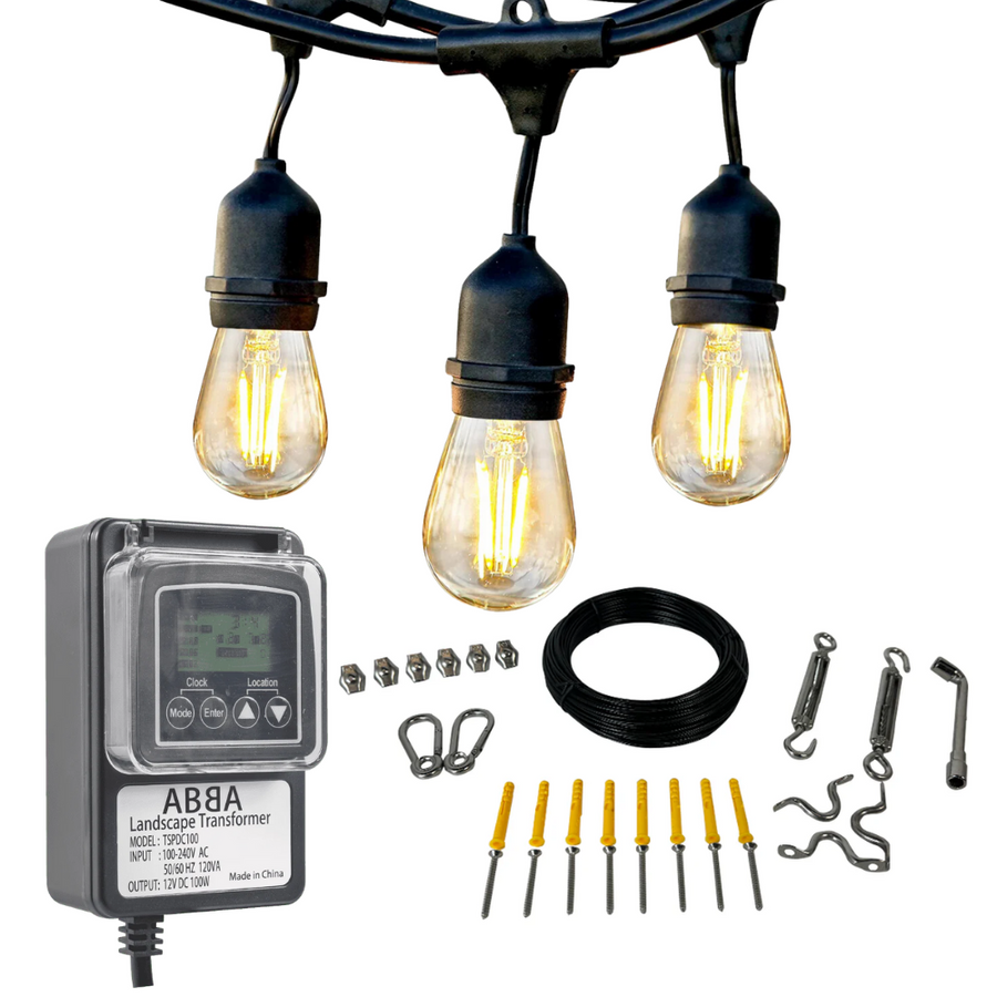 Outdoor Landscape Lighting LED 12V Low Voltage SL101 LED Low Voltage Bistro String Lights 48 FT Outdoor Weatherproof 12V Edison Bulbs with 100W DC Transformer and 55ft Hanging Kit Package Deal Black