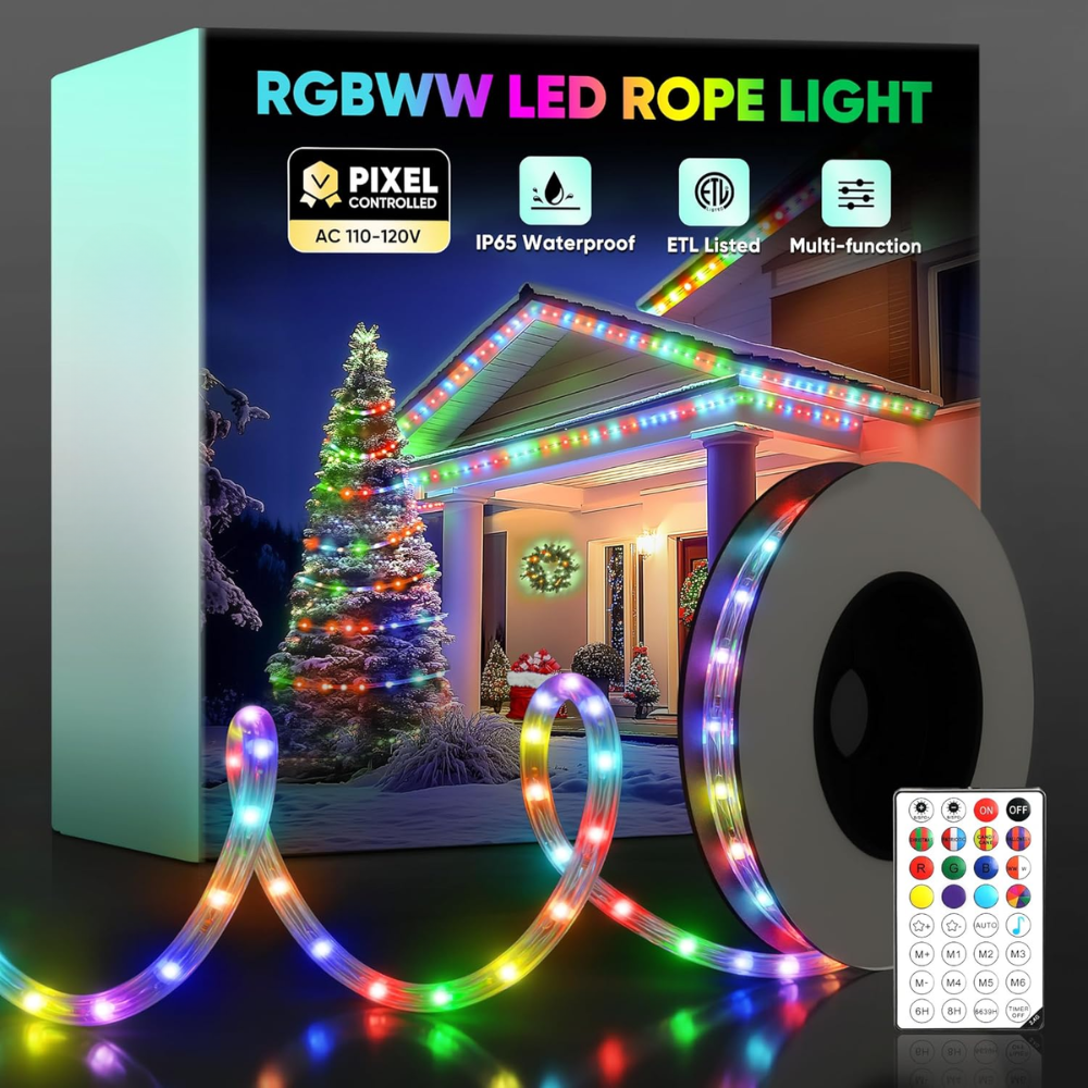 Outdoor Landscape Lighting LED 12V Low Voltage SLNR17 Dotted Neon RGBIC+CCT LED Strip Light 110V IP65 Outdoor Rated Dimmable High Voltage Flexible Rope Light , Mounting Clips, End Cap, Screws, Remote Control and Power Supply