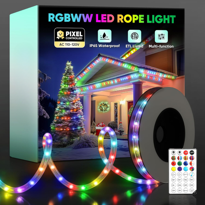 Outdoor Landscape Lighting LED 12V Low Voltage SLNR17 Dotted Neon RGBIC+CCT LED Strip Light 110V IP65 Outdoor Rated Dimmable High Voltage Flexible Rope Light , Mounting Clips, End Cap, Screws, Remote Control and Power Supply
