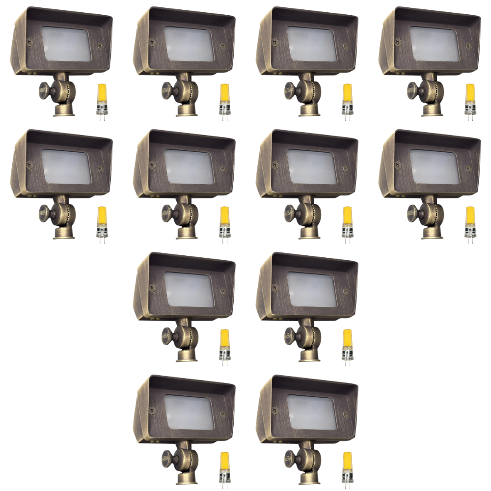Outdoor Landscape Lighting LED 12V Low Voltage FPB01 4x/8x/12x Package Brass Rectangular LED Directional Floodlight Adjustable Lighting with G4 3W 3000K Bulb 12 Pack Natural Brass