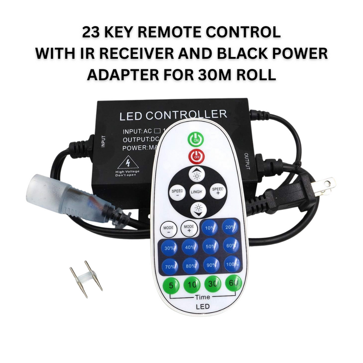 Outdoor Landscape Lighting LED 12V Low Voltage SLN11 Dotless Neon LED Strip Light 360° 120V 4W/ft IP67 Outdoor Rated Dimmable High Voltage Slim 16x16mm Silicone Strip Light with Holder, IR Remote, and Adapter with Power Supply