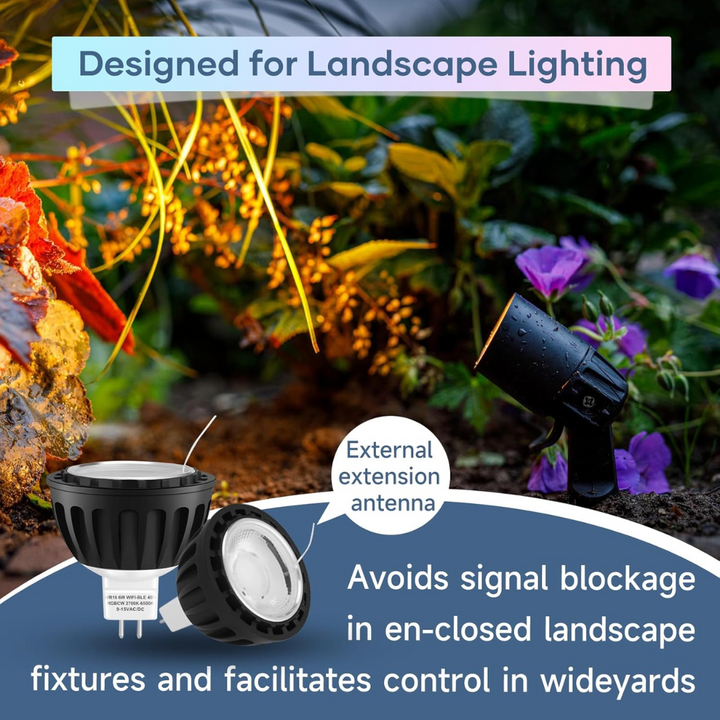 Outdoor Landscape Lighting LED 12V Low Voltage RGBCW MR16 6W Smart WIFI Bluetooth Control LED Light Bulb 6 Pack, Energy Saving RGBCW Color Changing 2700K-6500K 12V Outdoor LED Bulb Compatible with Alexa and Google Assistant