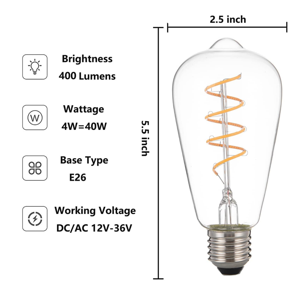 Outdoor Landscape Lighting LED 12V Low Voltage E26 4W 12V-36V 2700K AC/DC LED Spiral Filament Edison Bulbs Package Dimmable Energy Saving Low Voltage Light Bulb