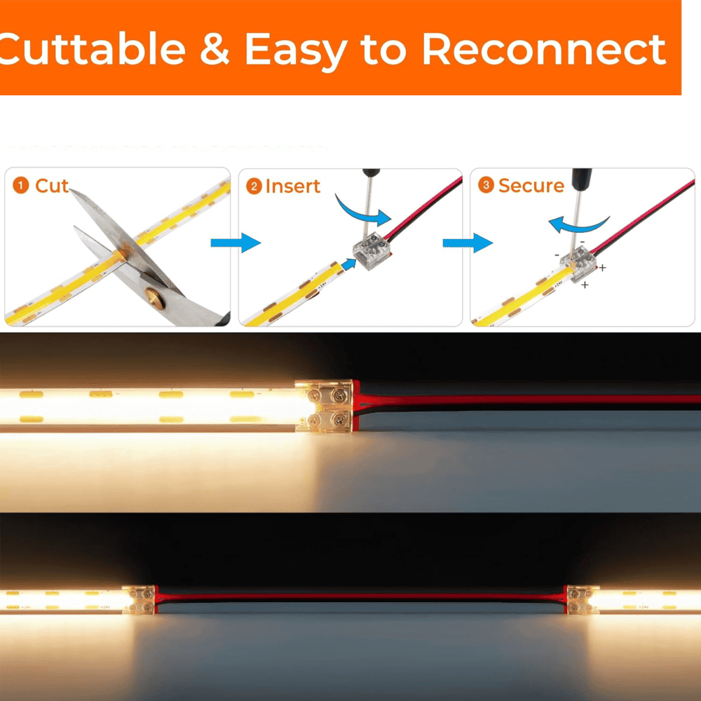 Outdoor Landscape Lighting LED 12V Low Voltage SLD24 Dotless Linear LED Dimmable, 5W/ft 16.4ft COB Strip Lights IP20 Low Voltage 10mm DC24V with Strong 3M VHB Adhesive Tape
