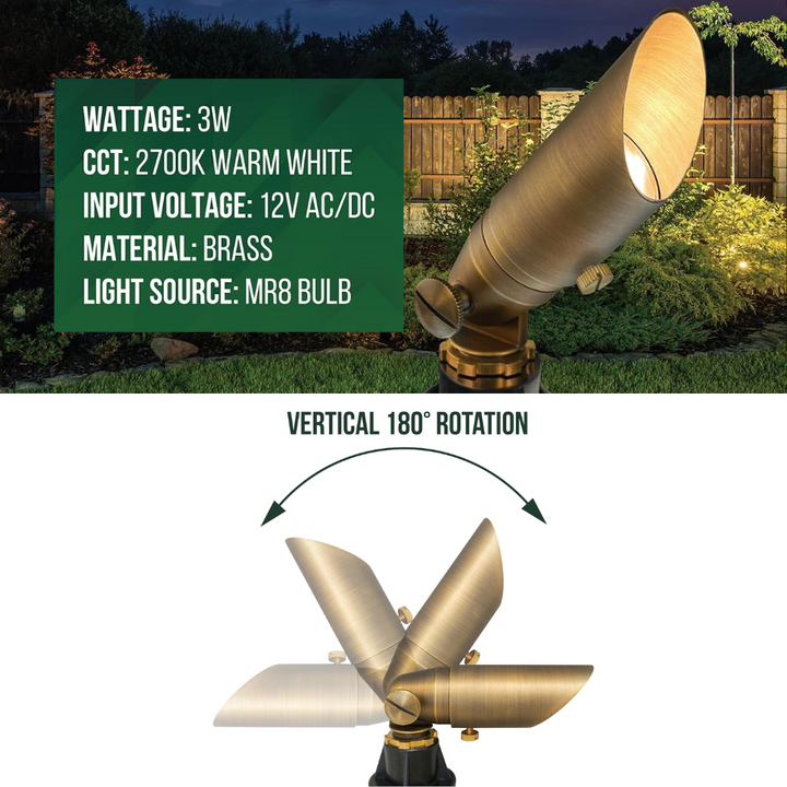 Outdoor Landscape Lighting LED 12V Low Voltage SPBA12 MR8 Mini Brass Spotlight with Adjustable Shroud Low Voltage Outdoor Lighting