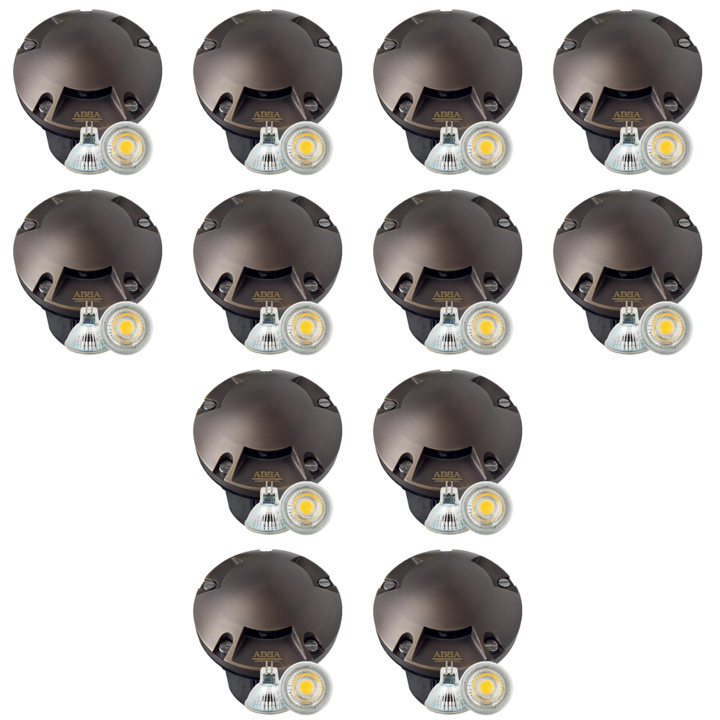 Outdoor Landscape Lighting LED 12V Low Voltage UNB11 4x/8x/12x Package Cast Brass Round Tri-Directional 12V Low Voltage LED In-ground Light with MR16 5W 3000K Bulb 12 Pack