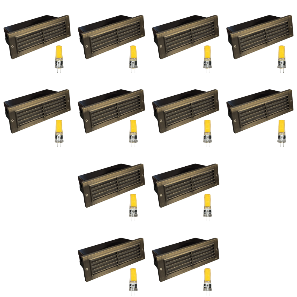 Outdoor Landscape Lighting LED 12V Low Voltage STB03 4x/8x/12x Package Louver Horizontal LED Brass 9" Brick Lights Warm White Edge 12V Low Voltage Outdoor Step Light 3W 3000K Bulb Natural Brass 12 Pack
