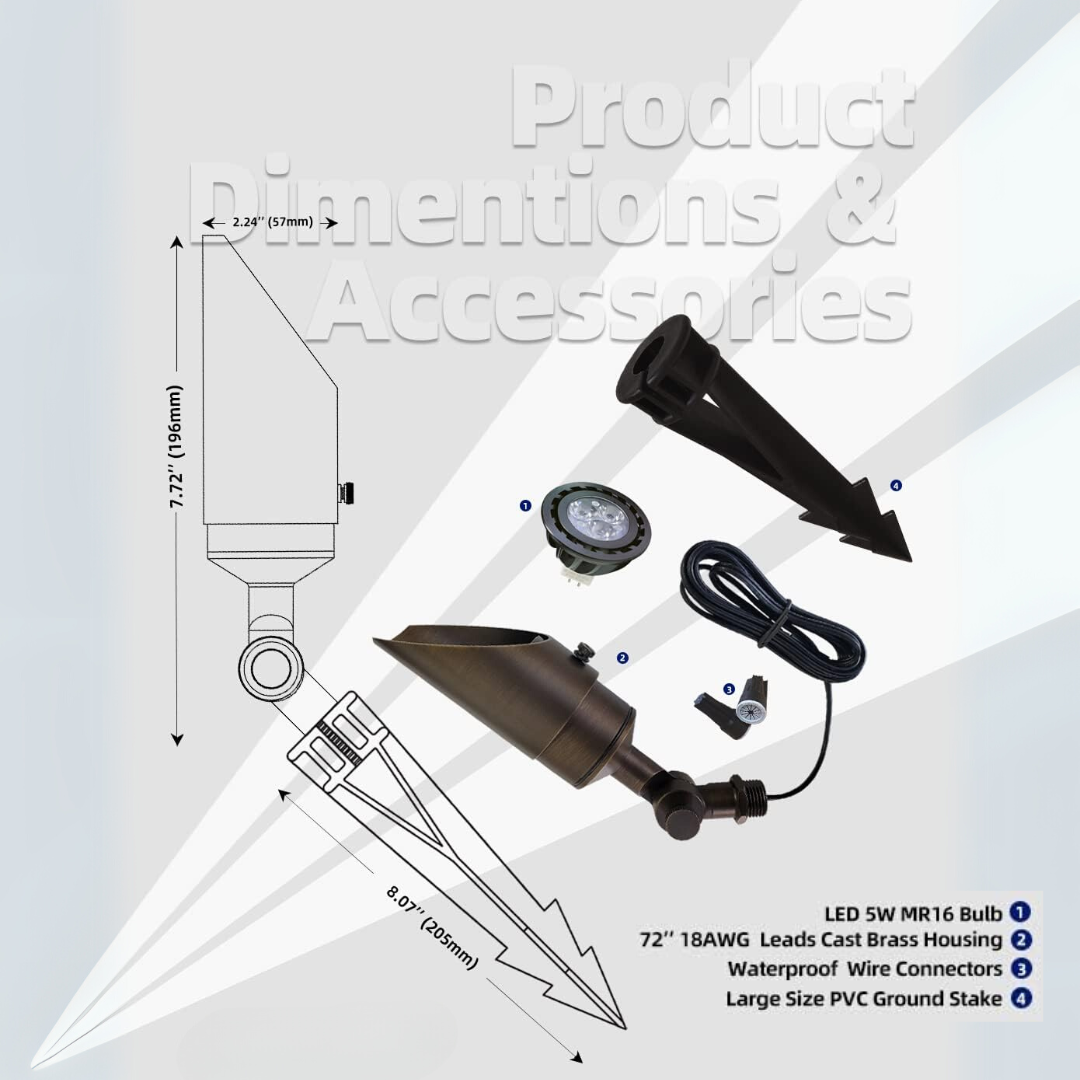 Outdoor Landscape Lighting LED 12V Low Voltage SPBA13 MR16 Brass Spotlight Package with Adjustable Shroud 12V AC/DC Low Voltage Outdoor Lighting with 5W 2700K Warm White Bulb