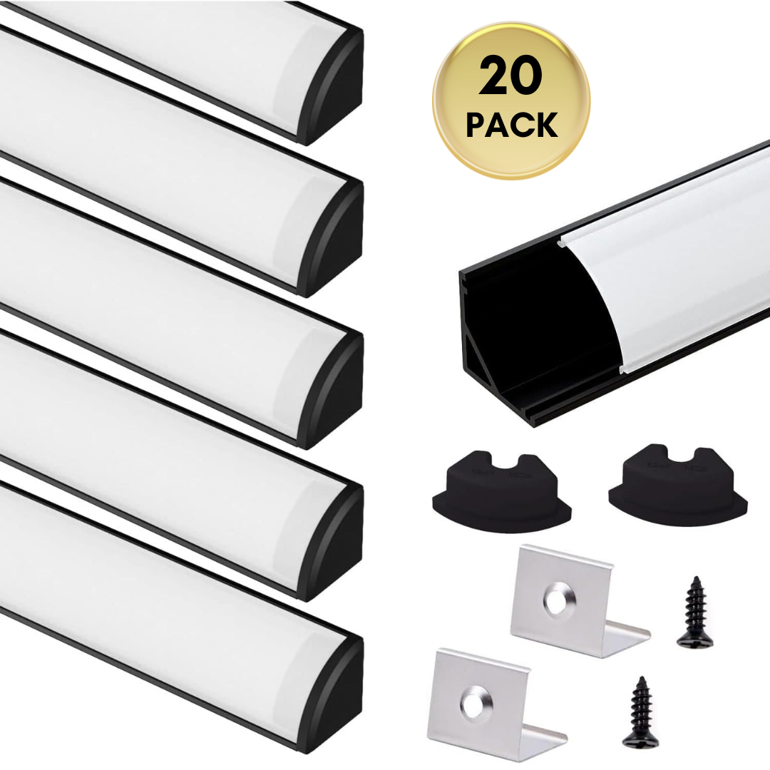 Outdoor Landscape Lighting LED 12V Low Voltage AC08 V-Shaped Corner Aluminum Channel 3.3FT/1M For Max 10mm Width LED Strip Lights Pack of 6/10/20 20 Pack of 3.3ft (1M) Black and Milky Cover
