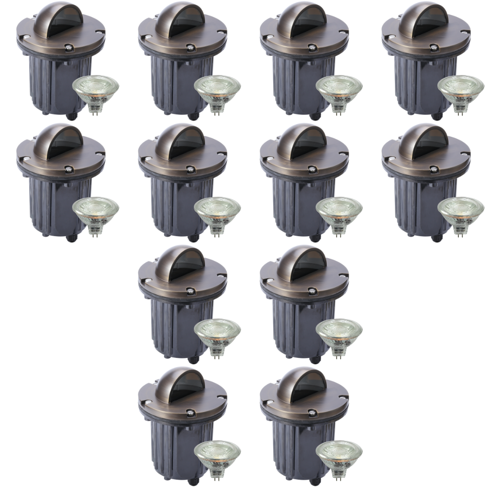 Outdoor Landscape Lighting LED 12V Low Voltage UNB02 4x/8x/12x Package Cast Brass 12V Low Voltage Half Moon Round LED In-ground Well Light IP65 Waterproof with MR16 5W 3000K Bulb 12 Pack Natural Brass