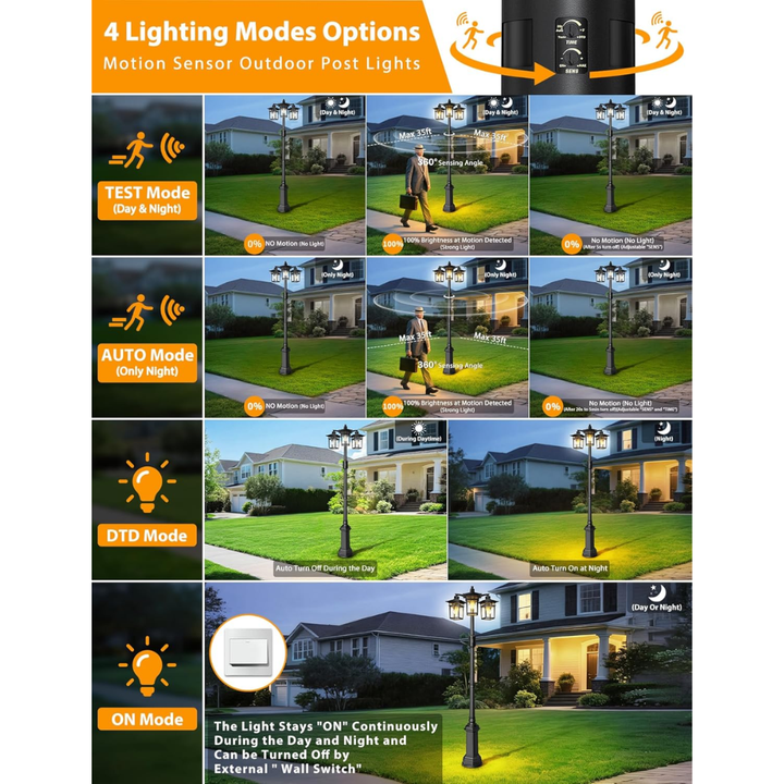 Outdoor Landscape Lighting LED 12V Low Voltage PLH04 360° Motion Sensor and Dusk-to-Dawn Classic Black Aluminum 3-Head Rectangular Post Light 87.5" Pole with Glass Panels 3 E26 Base Medium Base Socket 120V with for Garden, Exterior Lighting
