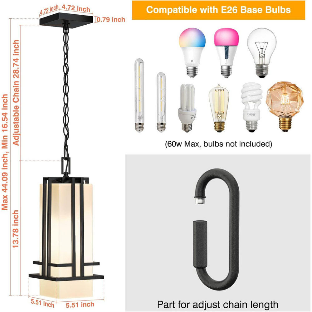 Outdoor Landscape Lighting LED 12V Low Voltage HPH01 Outdoor Aluminum Hanging Lantern Pendant Light with Adjustable Chain for Porch Patio E26 Socket Line Voltage 120V AC IP65 Waterproof S - 44.09" (H) x 13.78" (L) x 5.51" (W)