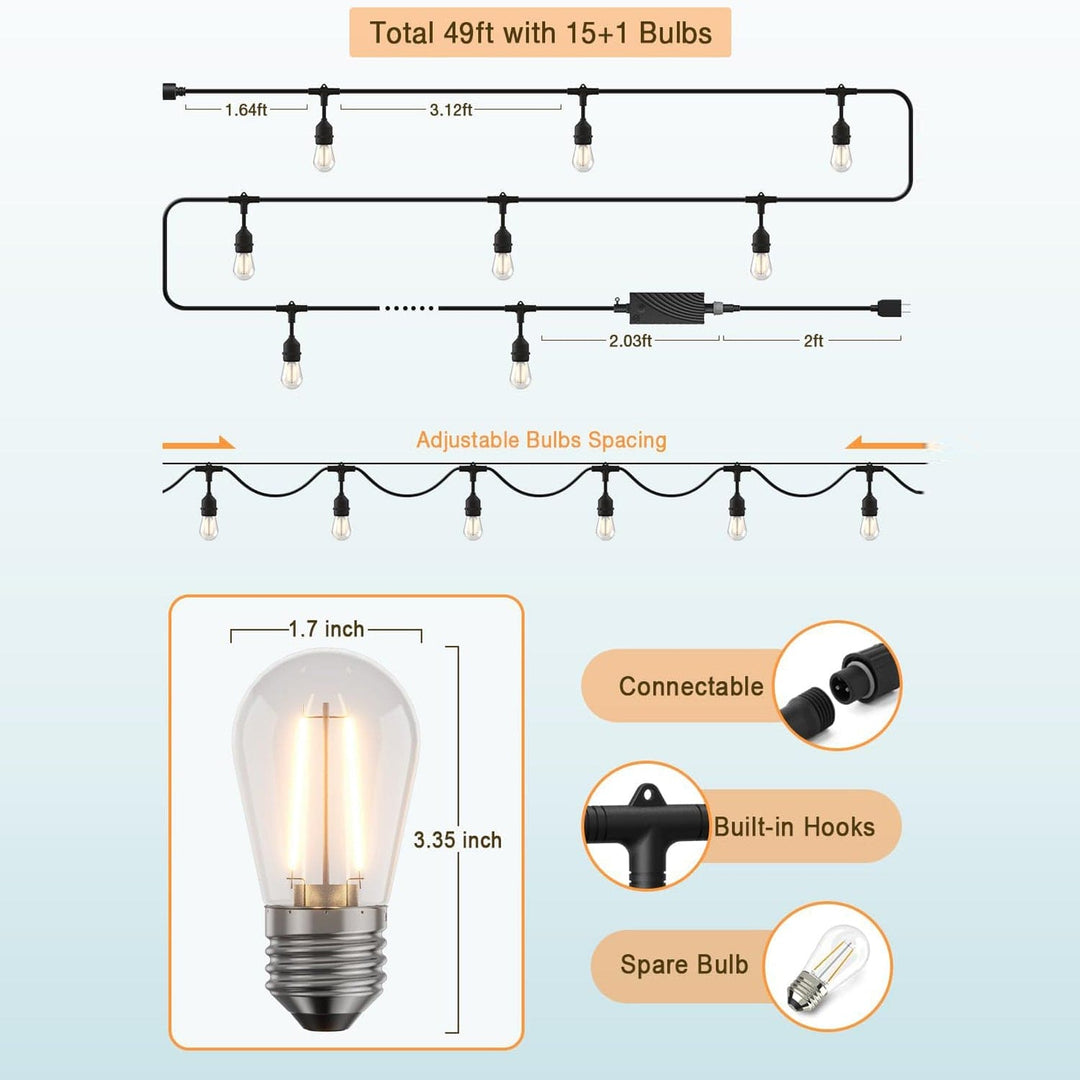 Outdoor Landscape Lighting LED 12V Low Voltage SL102 LED Dimmable Smart Bistro String Lights Outdoor Weatherproof 12V Edison Bulbs 49 FT - 15 Bulbs