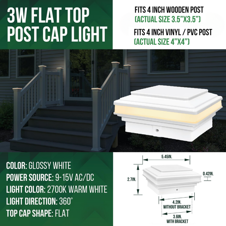 Outdoor Landscape Lighting LED 12V Low Voltage CPL03 Modern Flat-Top 12V AC/DC Low Voltage 3W 2700K/3000K 150 Lumens LED Post Cap Light for 3.5x3.5 or 4x4 Posts IP65 Waterproof 2700K Soft White