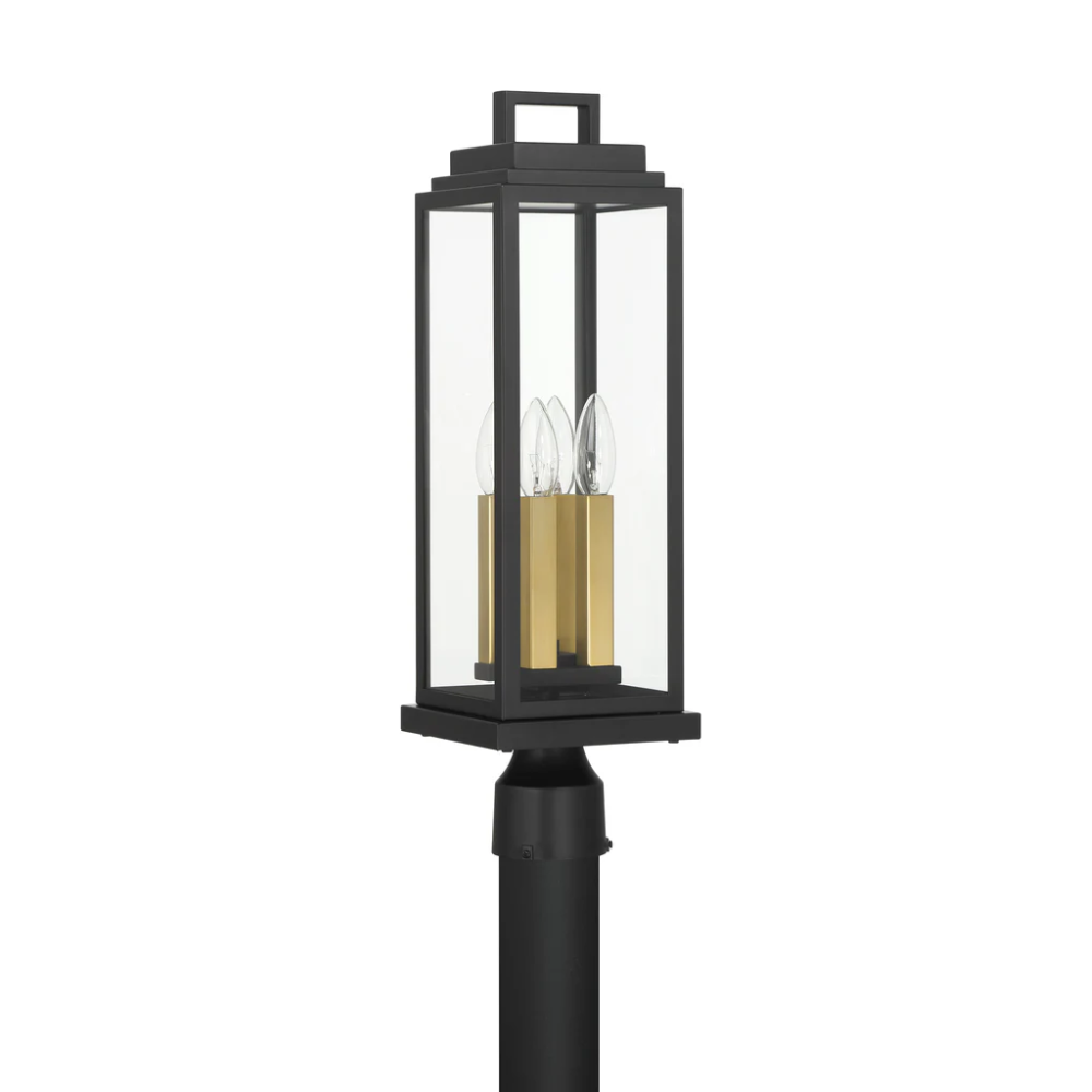 Outdoor Landscape Lighting LED 12V Low Voltage Aspen 4 Light Outdoor Post Light 6.5"x22" Stainless Steel and Glass Matte Black Finish 120V 4 E12 Candelabra Base LED Bulb Sockets Casual Farmhouse Lantern for Patio, Garden, Exterior Posts
