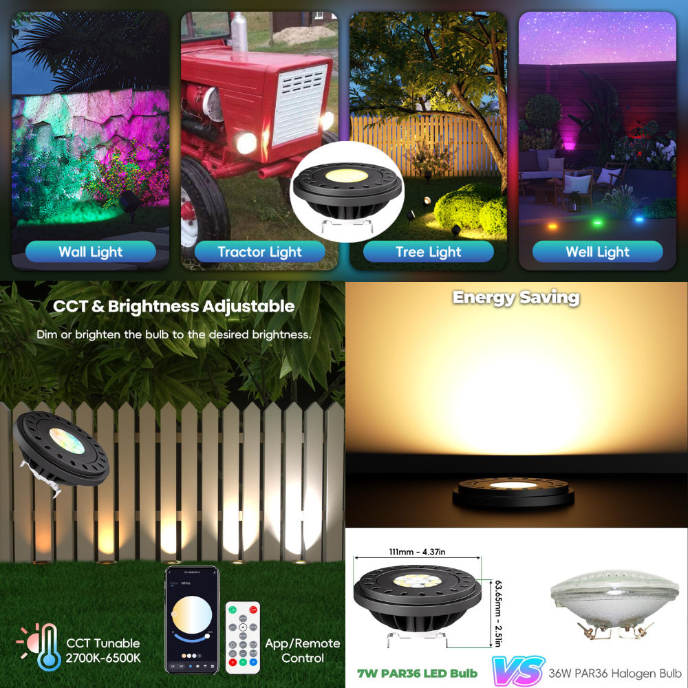 Outdoor Landscape Lighting LED 12V Low Voltage PAR36 7W RGB+CCT Tunable 2700K to 6500K, Remote and App Controlled, Dimmable, IP67 waterproof Low Voltage Bulbs