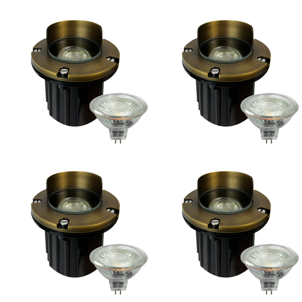 Outdoor Landscape Lighting LED 12V Low Voltage UNB03 4x/8x/12x Package Cast Brass 12V Low Voltage Shielded LED In-ground Well Light IP65 Waterproof with MR16 5W 3000K Bulb 4 Pack Natural Brass