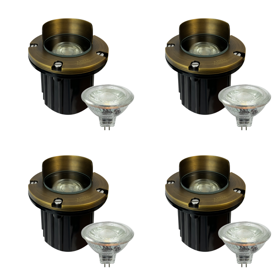 Outdoor Landscape Lighting LED 12V Low Voltage UNB03 4x/8x/12x Package Cast Brass 12V Low Voltage Shielded LED In-ground Well Light IP65 Waterproof with MR16 5W 3000K Bulb 4 Pack Natural Brass