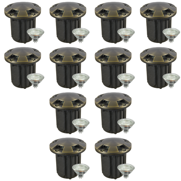 Outdoor Landscape Lighting LED 12V Low Voltage UNB07 4x/8x/12x Package Cast Brass 12V Low Voltage Round Multi-Directional LED In-ground Well Light IP65 Waterproof with MR16 5W 3000K Bulb 12 Pack Natural Brass