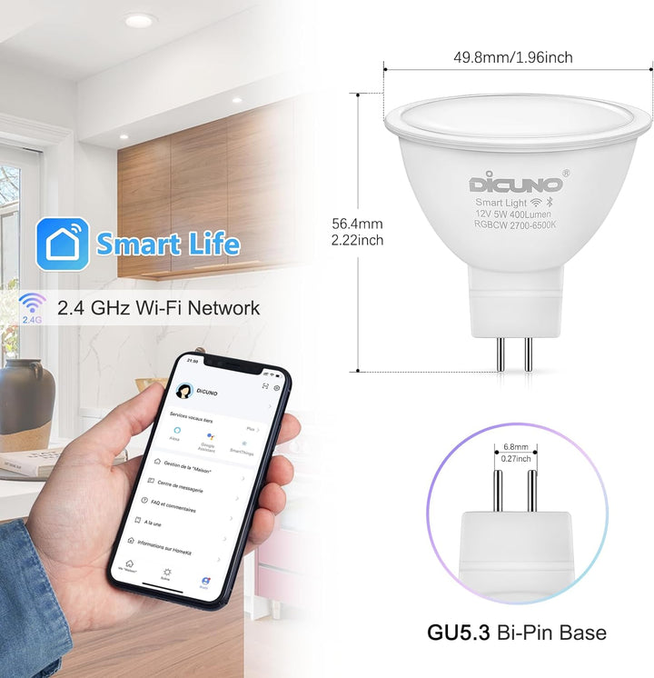 Outdoor Landscape Lighting LED 12V Low Voltage RGBCW MR16 5W Smart WIFI LED Light Bulb 4 Pack, Energy Saving RGBCW Color Changing 12V Outdoor LED Bulb Package Compatible with Alexa, Google Assistant, and Siri