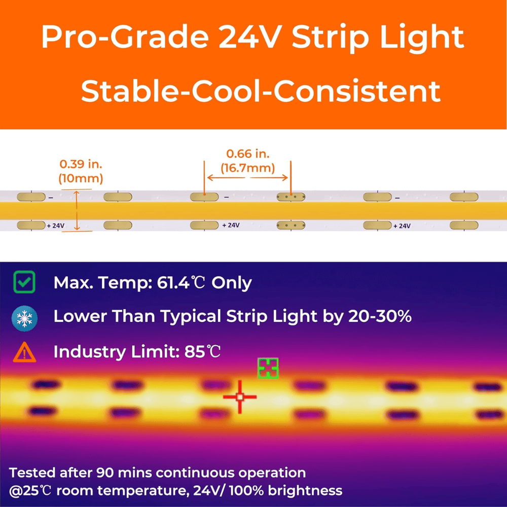 Outdoor Landscape Lighting LED 12V Low Voltage SLD24 Dotless Linear LED Dimmable, 5W/ft 16.4ft COB Strip Lights IP20 Low Voltage 10mm DC24V with Strong 3M VHB Adhesive Tape