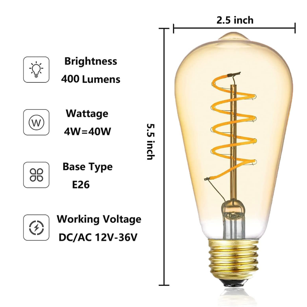 Outdoor Landscape Lighting LED 12V Low Voltage E26 4W 12V-36V 2700K AC/DC LED Spiral Filament Edison Bulbs Package Dimmable Energy Saving Low Voltage Light Bulb