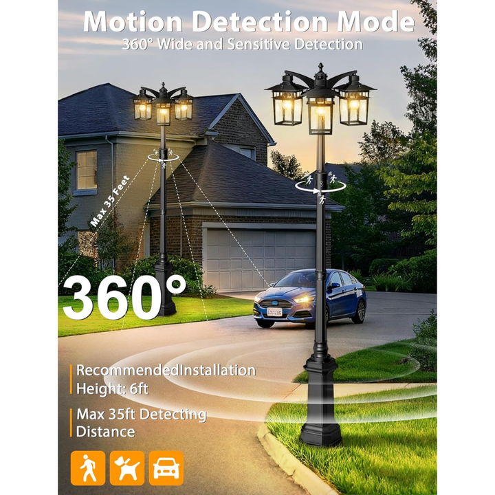 Outdoor Landscape Lighting LED 12V Low Voltage PLH04 360° Motion Sensor and Dusk-to-Dawn Classic Black Aluminum 3-Head Rectangular Post Light 87.5" Pole with Glass Panels 3 E26 Base Medium Base Socket 120V with for Garden, Exterior Lighting