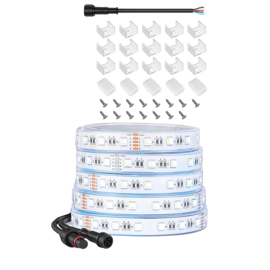 Outdoor Landscape Lighting LED 12V Low Voltage SL06 7.3W/ft 14mm Strip Light RGB + Warm White 3000K-3500K or Cool White 6000K-7000K 5050 DC24V Low Voltage LED Outdoor IP68 Submersible UL SMD Tape Light with Black or White PCB DC24V RGB + Cool White White PCB IP68 Submersible