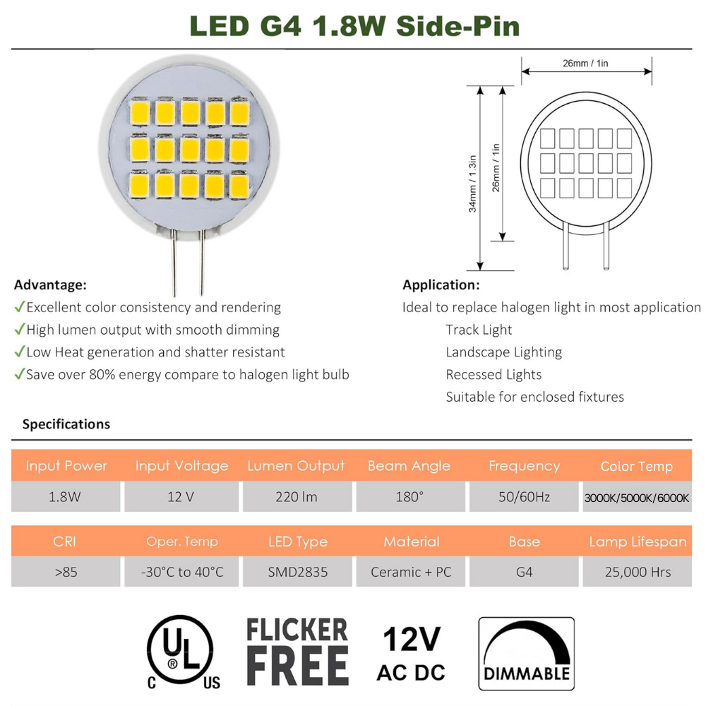 Outdoor Landscape Lighting LED 12V Low Voltage G4 5 Pack 1.8W 220LM Dimmable SMD Side Pin Flat LED Light Bulb 12V 180° Bulb Energy Efficient